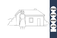 Woman standing outside simple house line art vector illustra Product Image 1