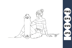 Young woman sitting with skateboard outline vector art minim Product Image 1