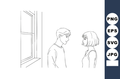 Young man and woman standing face to face near window line a Product Image 1