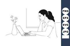 Woman Working on Laptop at Desk with Vase and Flowers Minima Product Image 1