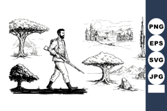 Hunter with rifle walking near various trees and forest land Product Image 1