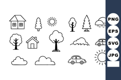 Simple black line art of houses trees cars clouds and sun ve Product Image 1