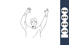Young man celebrating with raised hands in simple line art v Product Image 1