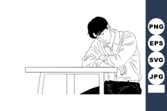 Young man resting head on arms at table simple line art vect Product Image 1