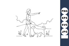 Woman walking dog pointing forward outdoors line art vector Product Image 1