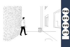 Man walking in narrow alley with brick wall and windows blac Product Image 1