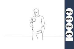 Young man standing drinking coffee casual pose minimal line Product Image 1