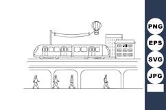 Elevated train with pedestrians and hot air balloon cityscap Product Image 1