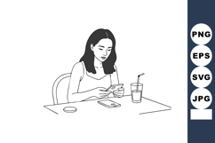 Woman Using Smartphone Sitting at Table with Drink and Noteb Product Image 1