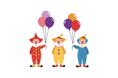 Three cheerful clowns holding colorful balloons in flat vect Product Image 1