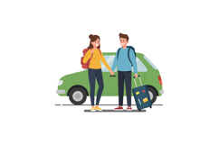 Young couple with suitcase near green car in flat vector art Product Image 1