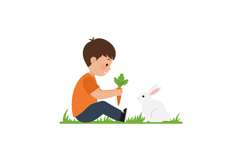 Boy sitting with rabbit while holding carrot in flat vector Product Image 1