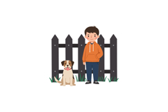 Happy boy standing beside his dog in flat vector art Product Image 1
