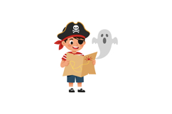 Pirate boy holding treasure map with friendly ghost in flat Product Image 1
