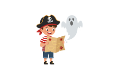 Pirate boy discovering treasure map with ghost in flat vecto Product Image 1