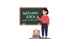 Teacher welcoming students back to school in flat vector art Product Image 1
