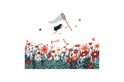 Girl running through vibrant flowers with a net in flat vect Product Image 1