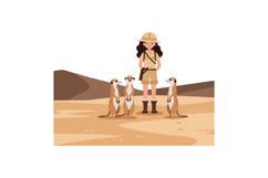 Adventurous explorer standing with friendly meerkats in flat Product Image 1