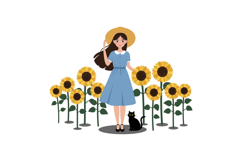 Girl in blue dress with sunflowers and black cat flat vector Product Image 1