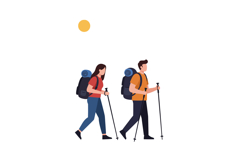 Two hikers walking with backpacks in flat vector illustratio Product Image 1