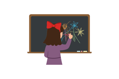 Girl drawing colorful stars on chalkboard in flat vector art Product Image 1