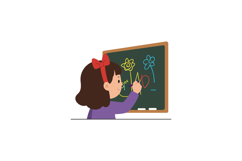 Child drawing colorful flowers on chalkboard in flat vector Product Image 1