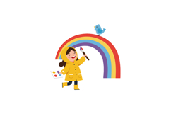 Happy child painting under a colorful rainbow in flat vector Product Image 1