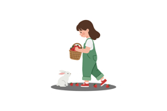 Young girl collecting strawberries with a rabbit in flat vec Product Image 1