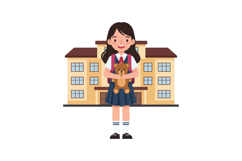 Girl holding teddy bear in front of school building vector a Product Image 1