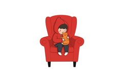 Child sitting in a red chair hugging an orange cat vector il Product Image 1