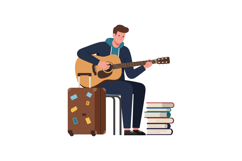 Young man playing guitar with suitcase and books in flat vec Product Image 1