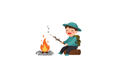 Happy camper roasting marshmallows by a campfire in flat vec Product Image 1