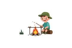 Happy child roasting marshmallows over a campfire in flat ve Product Image 1