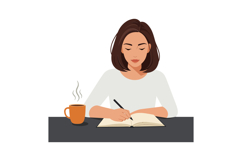 Woman writing in notebook with coffee cup in flat vector art Product Image 1