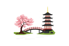 Cherry blossom tree beside a traditional Asian pagoda in fla Product Image 1
