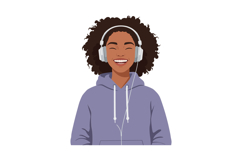 Smiling woman with curly hair wearing headphones in flat vec Product Image 1