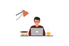Young man working at desk with laptop in flat vector art Product Image 1