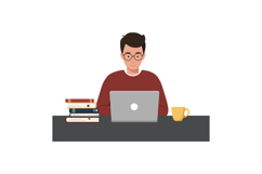 Young man studying at desk with laptop and books in flat vec Product Image 1