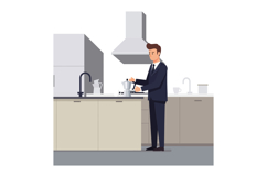 Man in a suit preparing coffee in a modern kitchen vector ar Product Image 1