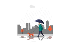 Person walking a dog under an umbrella in flat vector art Product Image 1