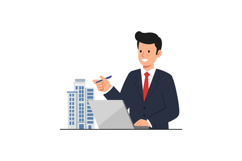 Businessman presenting ideas with laptop and buildings in fl Product Image 1