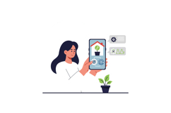 Woman holding smartphone displaying plant care app in flat v Product Image 1