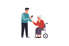 Young man assisting elderly woman with smartphone in flat ve Product Image 1