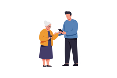 Elderly woman receives smartphone help from a young man in f Product Image 1