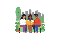 Three friends reading together on a park bench in flat vecto Product Image 1