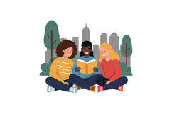 Three friends enjoying reading together in a flat vector ill Product Image 1