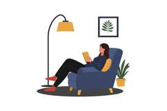 Cozy reading woman in modern chair with lamp flat vector art Product Image 1
