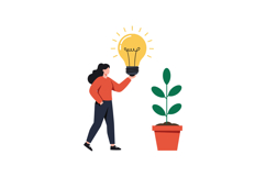 Woman holding a light bulb next to a growing plant vector il Product Image 1