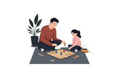 Father and daughter enjoying a board game in flat vector art Product Image 1