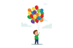 Boy holding colorful balloons smiling happily with clouds in Product Image 1